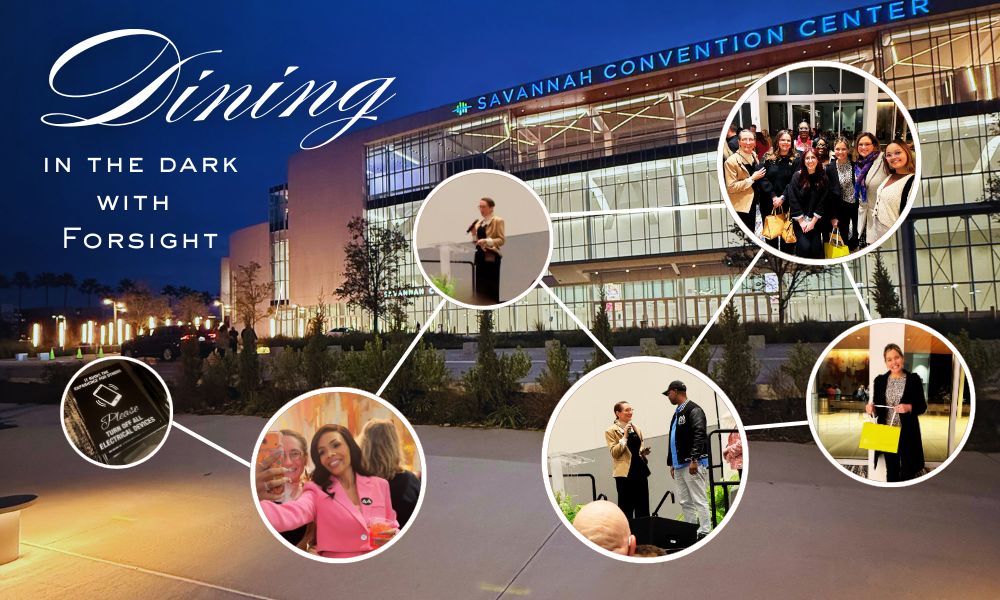 Dining in the Dark with ForSight” event collage with photos of attendees and speakers at the Savannah Convention Center.